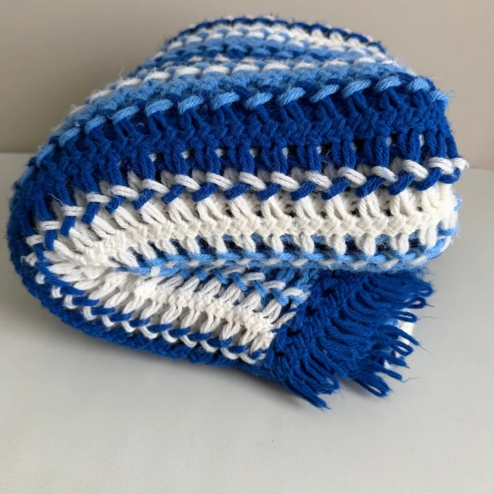 Vintage Handmade Crochet Afghan Blanket Blue White Striped Fringe Throw 97x47